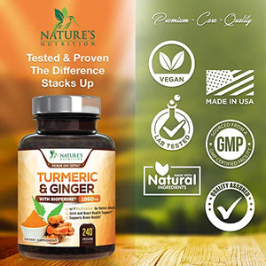 Turmeric Curcumin with BioPerine & Ginger 95% Curcuminoids 1950mg - Black Pepper for Absorption, Made in USA, Natural Immune Support, Turmeric Ginger Supplement by Natures Nutrition - 240 Capsules