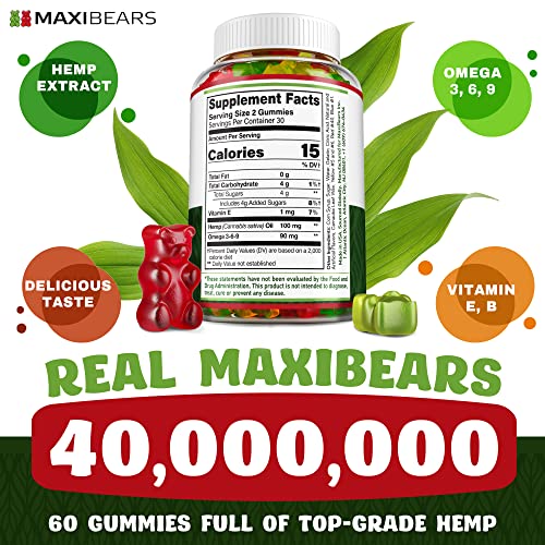 Maxibears Hemp Gummies - Mood and Immune Support - Rich in Vitamins B, E & Omega 3-6-9 - High Potency Herbal Gummies - Premium Hеmp Oil Extract - 60 pcs