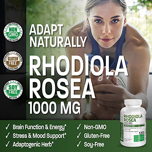 Bronson Rhodiola Rosea 1000mg Supplement - Adaptogenic Herb for Brain, Stress & Mood Support - Non-GMO, 120 Vegetarian Capsules