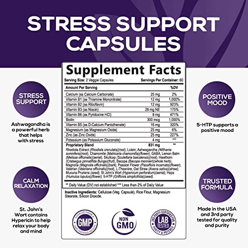 Stress Support Supplement 1000mg, Natural Herbal Formula for Calm, Positive Mood, Relaxation - Made in USA - with Ashwagandha, Niacin, L-Theanine, Rhodiola Rosea, 5-Htp - 120 Capsules