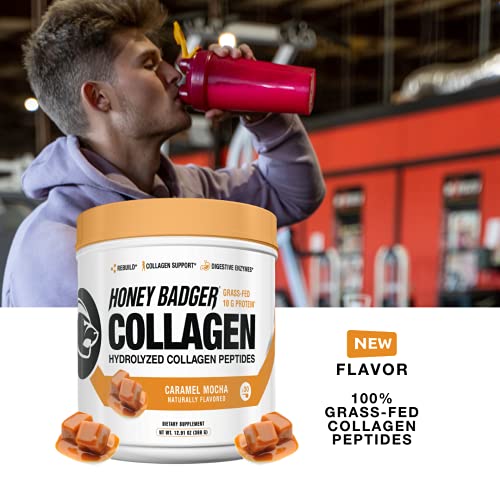 Honey Badger Collagen Peptides Powder | Keto Caramel Mocha Grass Fed Hydrolyzed Collagen Protein Coffee Creamer | Gluten Free, Natural, Non-GMO, Paleo | Skin, Hair, Nail, and Joint Health, 30 Servings