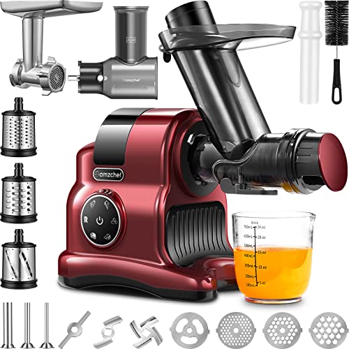 Slow Juicer, AMZCHEF 5-in-1 Multifunctional Slicer shredder, Cold Press Juicer Professional Masticating Juicer, Juice Extractor with Quiet Motor,Juicer Machines with Meat Grind and Ice Cream