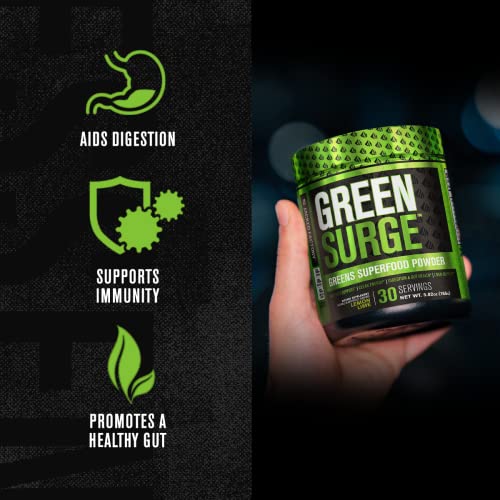 Green Surge Green Superfood Powder Supplement - Keto Friendly Greens Drink w/Spirulina, Wheat & Barley Grass, Organic Greens - Green Tea Extract, Probiotics & Digestive Enzymes - Lemon Lime - 30sv