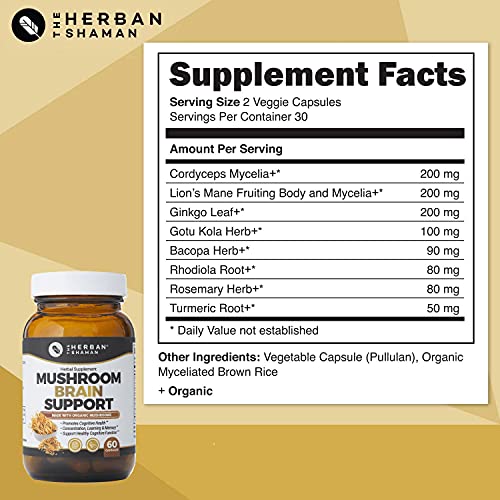 The Herban Shaman Mushroom Supplement Brain Support | Organic Lions Mane, Cordyceps, Ginkgo Leaf, Gotu Kola + More | Natural Herbal Supplement (60 Capsules)