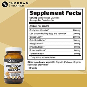 The Herban Shaman Mushroom Supplement Brain Support | Organic Lions Mane, Cordyceps, Ginkgo Leaf, Gotu Kola + More | Natural Herbal Supplement (60 Capsules)