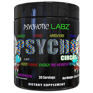 Psychotic Labz Psycho Circus High Stim Pre Workout Powder, Energy Focus Strength Pumps, Loaded with Beta Alanine Creatine Caffeine Ampiberry Dmae Bitartrate, 30 Srvgs, Sweet Watermelon