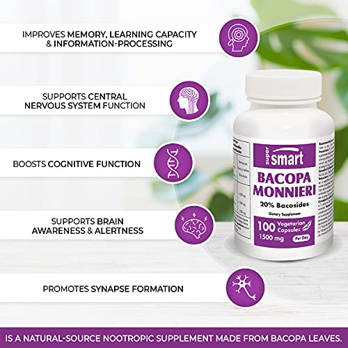 Supersmart - Bacopa Monnieri 1500 mg Per Day - Nootropic Supplement & Brain Boost - Help Improve Learning, Memory & Information Processing | Non-GMO & Gluten Free - 100 Vegetarian Capsules