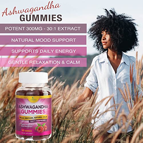 Ashwagandha Gummies - Relax, Calm, Unwind with Potent Mood & Stress Support Vitamins - Vegan Friendly, Non-GMO, Plant-Pectin Based - Delicious Raspberry Flavor Chews for Women & Men - 60 Gummies