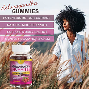 Ashwagandha Gummies - Relax, Calm, Unwind with Potent Mood & Stress Support Vitamins - Vegan Friendly, Non-GMO, Plant-Pectin Based - Delicious Raspberry Flavor Chews for Women & Men - 60 Gummies