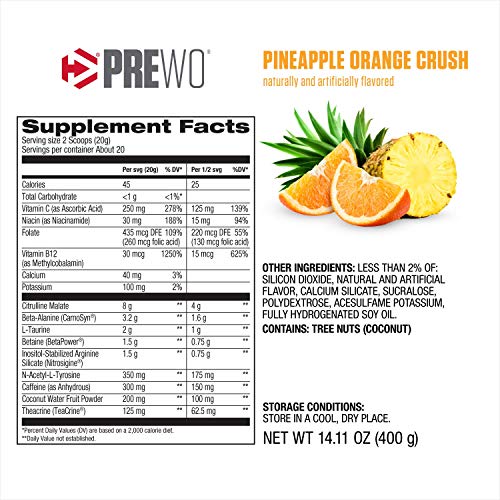 Dymatize PreW.O., Pre Workout Powder with Caffeine, Maximize Energy, Strength & Endurance, Amplify Intensity of Workouts, Pinapple Orange Crush, 400g