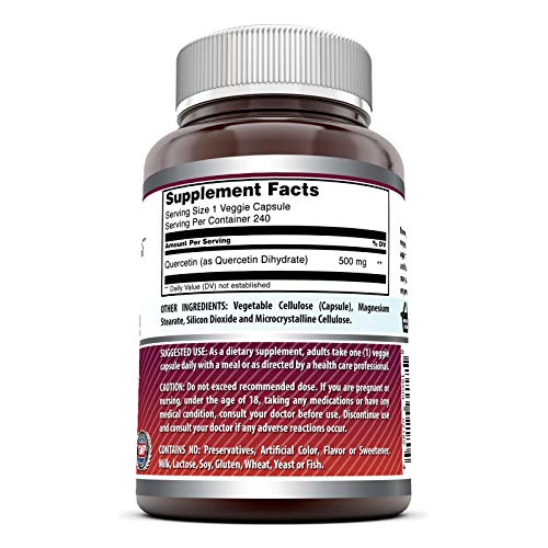 Amazing Formulas Quercetin-500 Mg,240 Veggie Capsules (Non-GMO,Gluten Free) Supports Cardiovascular Health-Helps Improve Anti-Inflammatory & Immune System-Supports Healthy Aging & Overall Health