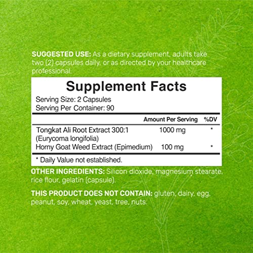 Tongkat Ali Extract 300:1 Enhanced with Horny Goat, 1100mg Per Serving, 180 Capsules, 2-1 Formula, Indonesia Origin Eurycoma Longifolia (Longjack), Max Strength Tongkat Ali for Men