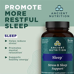 Ashwagandha for Sleep Support by Ancient Nutrition, for Stress and Sleep Support, Promotes Mental Relaxation, Gluten Free, Paleo and Keto Friendly, 60 Capsules