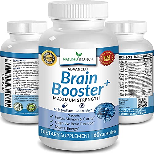 Advanced Brain Booster Supplements - 40 Ingredients Memory Focus & Clarity Vitamins Plus eBook - Boost Energy, Elevate Brain Function Nootropic Power Support with DMAE - 60 Brain Health Formula Pills