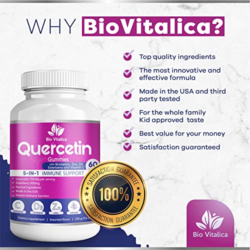 Quercetin Gummies by BioVitalica - Quercetin with Bromelain Vitamin C and Zinc & Elderberry + Vitamin D3 - 5 in 1 Immune Support - Zinc Quercetin 750 mg for Kids and Adults (4)