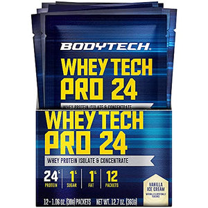 BodyTech Whey Tech Pro 24 Protein Powder Protein Enzyme Blend with BCAA's to Fuel Muscle Growth Recovery, Ideal for PostWorkout Muscle Building Vanilla Ice Cream (12 Packets)