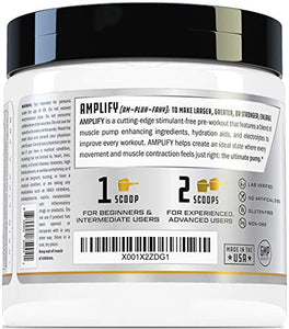 Amplify Caffeine Free Pre Workout for Men and Women: Stim Free Muscle Pump Enhancer, Hydration Powder with Electrolytes, L Citrulline, Creatine HCl for High Volume Training | Peach Mango, 40 Servings