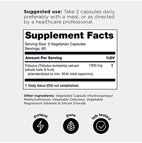 Ultra High Strength Tribulus Capsules - 95% Steroidal Saponins - 1300mg Concentrated Extract Formula for Testosterone - 120 Caps