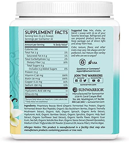 Sunwarrior Vegan Collagen Building Protein Peptides with Hyaluronic Acid & Biotin (Vanilla)(Vegan) 1.1 Pound (Pack of 1)