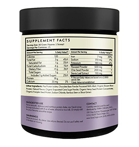 Terra Origin, Plant Protein, Powder, Chocolate, 15 Servings Includes Organic Brown Rice Protein and Pea Protein Isolate, Vegan, Gluten Free, 18g Protein