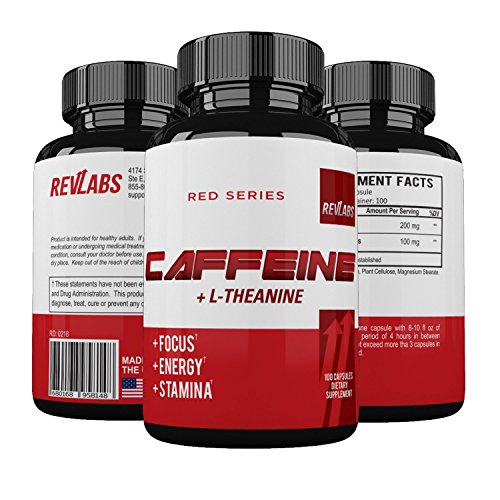 RevLabs - Caffeine Pills + L Theanine - Maximum Potency - 100mg of Pure Clean Caffeine + 200mg of L-Theanine - 100 Capsules