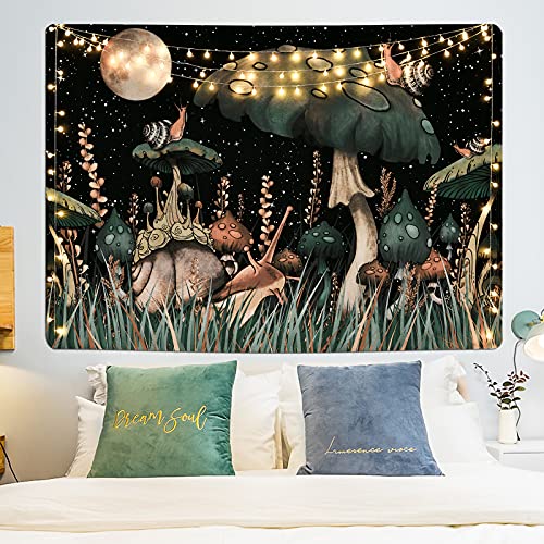 Trippy Mushroom Tapestry Moon and Stars Tapestry Snail Tapestry Fantasy Plants and Leaves Tapestry Wall Hanging for Room(36.02 x 48.03 inches)