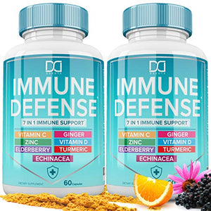 7 in 1 Immune Support Zinc Supplements 50mg Elderberry with Zink and Vitamin C, Vit D3 5000 IU, Echinacea, Turmeric Curcumin & Ginger Immunity Vitamins Booster - Natural Allergy Relief for Kids Adults