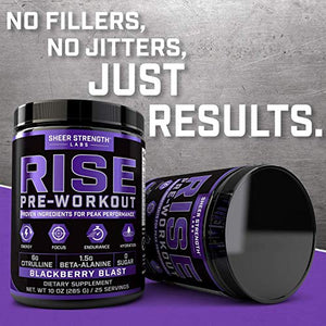 Rise Pre Workout Powder Supplement – Science Backed Pre Workout for Men & Women w/No Jitters -Supports Steady Energy & Lasting Endurance – Sheer Strength Labs - BlackBerry Blast Flavor - 25 Servings