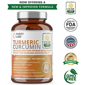Organic Turmeric Curcumin 2,250MG - 95% Standardized Curcuminoids and Black Pepper Bioperine for Increased bioavailability - for Joint Mobility & Inflammation
