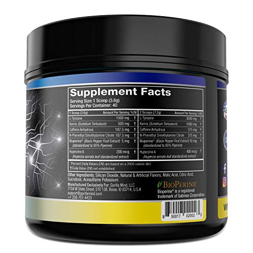 Gorilla Mode Stim Energy Pre-Workout Formula - Intense Focus & Clean Mental Energy / L-Tyrosine, Kanna, Caffeine, N-Phenethyl Dimethylamine Citrate, Huperzine A / 178 Grams (Lemon Lime)