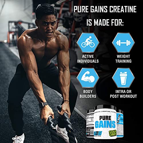 Pure Gains Advanced Creatine Monohydrate Powder - Muscle Building and Recovery Supplement - Sour Candy Flavor - 25 Servings - Creatine Monohydrate + Creatine HCl + More Powerful Ingredients