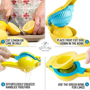 Zulay Metal 2-In-1 Lemon Lime Squeezer - Hand Juicer Lemon Squeezer - Max Extraction Manual Citrus Juicer (Vibrant Yellow and Blue Atoll)