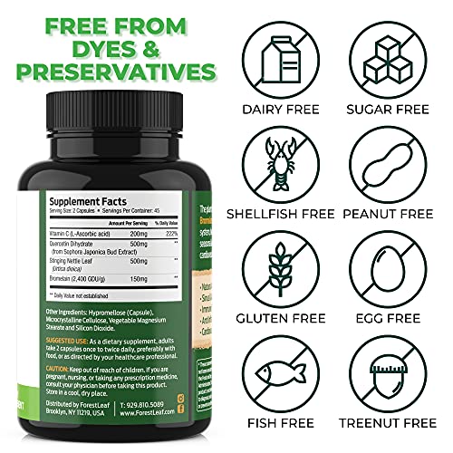 Quercetin 500mg with Bromelain, Vitamin C and Stinging Nettle – Advanced Sinus and Allergy Supplement – Natural Vegetable Capsules – Non GMO, Dairy, Gluten, Egg and Nut Free - by ForestLeaf (90)