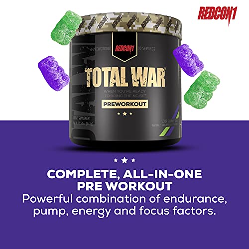 Redcon1 Total War PreWorkout Powder, 30 Servings, (Sour Gummy) Boost Energy, Increase Endurance and Focus, Beta-Alanine, 350mg Caffeine, Citrulline Malate, Nitric Oxide Booster - Keto Friendly