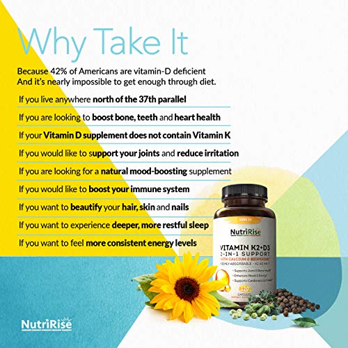 Vitamin K2 + D3 5000 IU Supplement with Calcium & BioPerine. Maximum Absorption. Supports Healthy Heart, Bones & Teeth. Powerful Immune System, Energy & Mood Enhancer. No Fillers, Gluten-Free Capsules