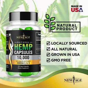 Hemp Capsules - 10,000 Hemp Extract - Pain, Stress Relief - Natural Sleep & Mood Support - Made in The USA - Maximum Value - Rich in Omega 3,6,& 9