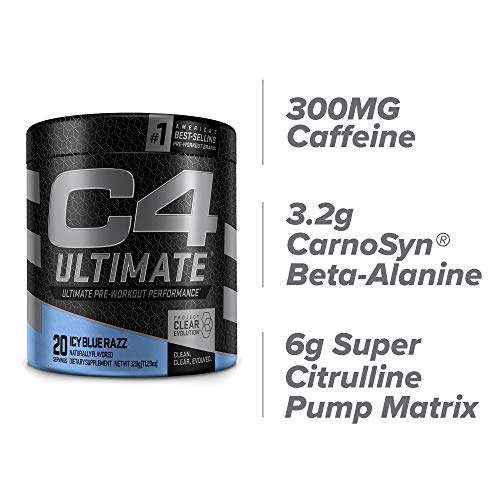 C4 Ultimate Pre Workout Powder ICY Blue Razz - Sugar Free Preworkout Energy Supplement for Men & Women - 300mg Caffeine + 3.2g Beta Alanine + 2 Patented Creatines - 20 Servings