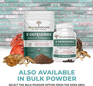 Real Mushrooms 5 Defenders Mushroom Supplements for Immune Support (90ct) Promote Better Overall Wellbeing w/ Chaga, Shiitake, Maitake, Turkey Tail, & Reishi Mushroom | Vegan, Non-GMO