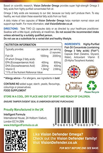 VISION DEFENDER OMEGA Eye Supplement: Care and Relief for Dry Eyes, Improve Eye Health- High Strength 1000mg Pure Omega-3 Fish Oil (400mg EPA, 200mg DHA per capsule)+Vitamin E (60 Softgels) Made in UK