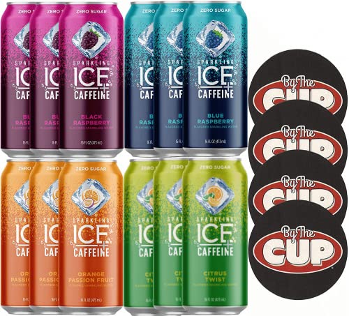 Sparkling Ice +Caffeine 16 Ounce, 4 Flavor Variety Pack of 12 Cans with By The Cup Coasters