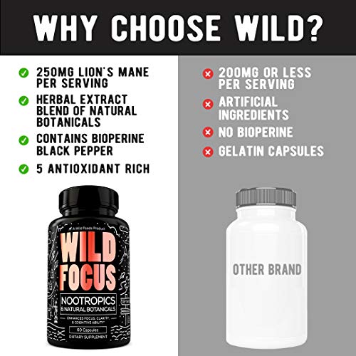 Wild Foods Focus Nootropic Supplement - with Gingko Biloba, Lions Mane Mushroom Powder, & Bacopa Monnieri - Nootropics & Natural Botanicals to Support Focus, Clarity, & Cognitive Ability - 60 Caps