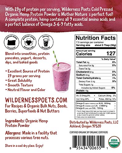 Wilderness Poets, Cold Pressed Organic Hemp Protein Powder, 19 G (8 Ounce)
