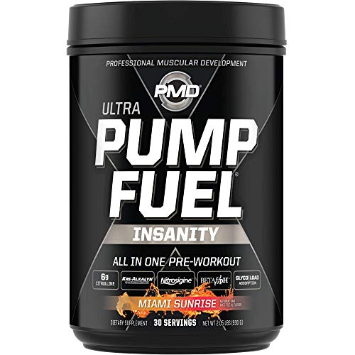 PMD Sports Ultra Pump Fuel Insanity - Pre Workout Drink Mix for Energy, Strength, Endurance, Muscle Pumps and Recovery - Complex Carbohydrates and Amino Energy - Miami Sunrise (30 Servings)