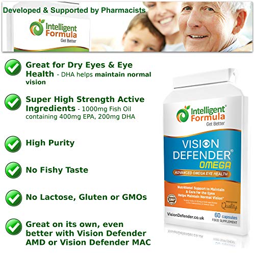 VISION DEFENDER OMEGA Eye Supplement: Care and Relief for Dry Eyes, Improve Eye Health- High Strength 1000mg Pure Omega-3 Fish Oil (400mg EPA, 200mg DHA per capsule)+Vitamin E (60 Softgels) Made in UK