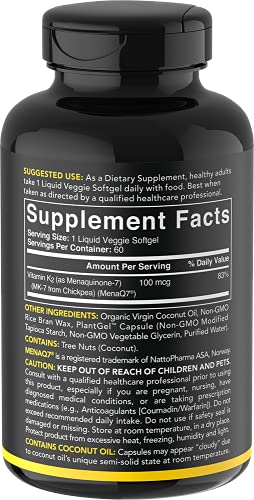 Vitamin K2 (as MK7) with Organic Coconut Oil | Made with MenaQ7 from Fermented Chickpea | Non-GMO Verified, Vegan Certified (60 Veggie-Softgels)