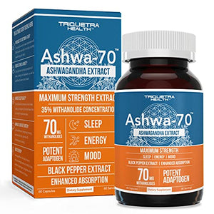 35% Withanolides: Ashwa-70® Ashwagandha Extract - Maximum Potency - 7X Higher Concentration Than KSM-66, BioPerine® Absorption Enhancer (60 Servings)