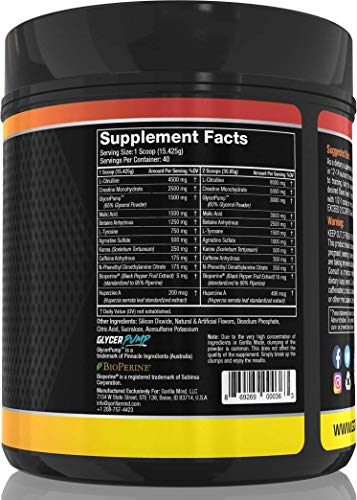 Gorilla Mode Pre Workout - Massive Pumps · Laser Focus · Energy · Power - L-Citrulline, Creatine, GlycerPump™, L-Tyrosine, Agmatine, Kanna, N-Phenethyl Dimethylamine Citrate - 574 Grams (Lemonade)