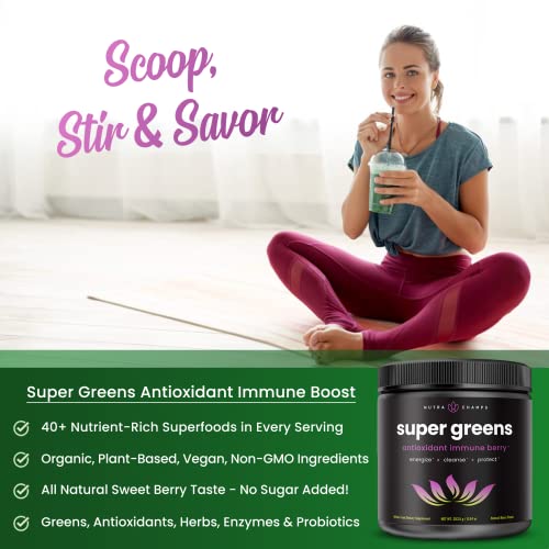 Super Greens Antioxidant Superfood Powder - Organic Green Veggie & Fruit Whole Foods for Immune System Support - Wheat Grass, Spirulina, Elderberry & More - Vegan Juice Supplement, Sweet Berry