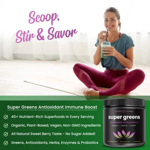 Super Greens Antioxidant Superfood Powder - Organic Green Veggie & Fruit Whole Foods for Immune System Support - Wheat Grass, Spirulina, Elderberry & More - Vegan Juice Supplement, Sweet Berry