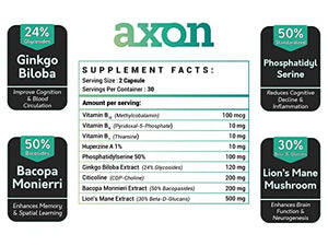 Brain Support Supplement - Enhance Memory, Brain Function, & Boost Concentration - Nootropics & Adaptogens - Lions Mane Bacopa Monnieri Citicoline Ginkgo Biloba - Axon by Nooflux…